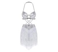 Yiesvsov Women's Fashion Sequins Bra Backless Straped Halter Bralette Crop Tops Rave Dance Tassel Mini Dress White S