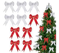 YieWeyhe 10PCS Red Bows for Christmas Tree, Large Silver Christmas tree Decorations Xmas, 5 Red and 5 Silver Ribbon Bowknots Large Cute for Presents Box, Party, Wreath, 8.6 * 7inch