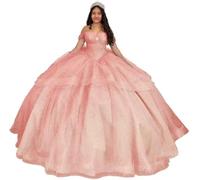 Yifanier Off Shoulder Beaded Quinceanera Puffy Tiered Sweet 15 16 Dresses with Train A-line Long Formal Evening Ball Gowns MT024 Blush Pink