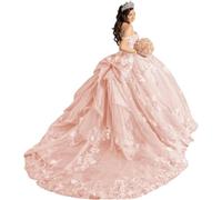 Yifanier Spaghetti Strap Quinceanera Dresses with Bow Sparkly Tulle Prom Gowns 3D Flower Quinceanera Dresses MT040 Blush Pink
