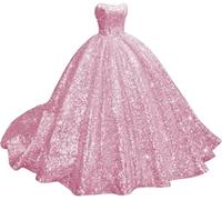 Yifanier Sparkly Strapless Sequin Quinceanera Dresses with Train Puffy Prom Dresses Long Ball Gown for Women Sweet 15 16 Dress Light Pink