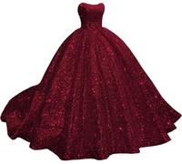 Yifanier Sparkly Strapless Sequin Quinceanera Dresses with Train Puffy Prom Dresses Long Ball Gown for Women Sweet 15 16 Dress Burgundy