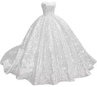 Yifanier Sparkly Strapless Sequin Quinceanera Dresses with Train Puffy Prom Dresses Long Ball Gown for Women Sweet 15 16 Dress White