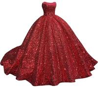 Yifanier Sparkly Strapless Sequin Quinceanera Dresses with Train Puffy Prom Dresses Long Ball Gown for Women Sweet 15 16 Dress Red