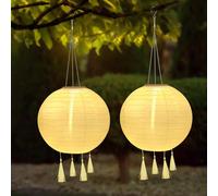 YIFMOO Solar Lanterns, Pack of 2 25 cm Solar Lanterns, Outdoor Weatherproof, LED Waterproof Lantern with 4 Tassels, Hanging Nylon Lantern for Gardens, Yards, Balconies, Wedding Decoration (Warm White)