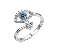 Yifnny Evil Eye Ring, Lucky Blue Evil Eye Ring Cubic Zirconia Adjustable Wrap Open Ring Eye Rings for Women (Silver)