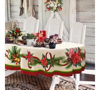 Yighty Oval Christmas Tablecloth 60x102In,Poinsettia Holly Pine Cone Christmas Table Cloth,Polyester Waterproof Wrinkle Resistant Durable Tablecloth for Holidays,Kitchen,Winter and Home Decor