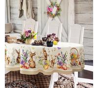 Yighty Oval Easter Tablecloth 60x84Inch, Spring Floral and Bunny Egg Watercolor, Waterproof Wrinkle Resistant, Holiday Kitchen Dining Spring Decor