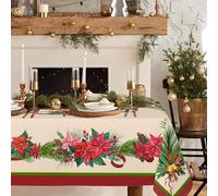 Yighty Rectangle Christmas Tablecloth, Poinsettia Holly Pine Cone - Polyester Waterproof Wrinkle Resistant Durable Tablecloth For Holidays, Kitchen, Winter And Home Decor - 60x84In