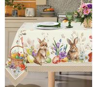 Yighty Rectangular 60x84Inch Polyester Easter Tablecloth, Waterproof Wrinkle Resistant, Fits 36''-48'' Tables, Spring Floral and Bunny Watercolor Design, Holiday Kitchen Dining Decor