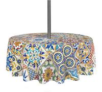 Yighty Round Outdoor Tablecloth with Umbrella Hole 60x60Inch,Farmhouse Boho Outdoor Zipper Tablecloths, Waterproof Wrinkle Resistant Washable Round Table Cloth for Picnics, Party, Camping and BBQ