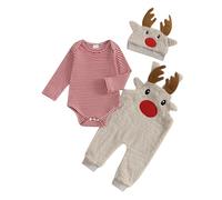 Yigubigu Baby Boy Christmas Clothes Set Long Sleeve Striped Romper Top Reindeer Plush Overall Pants Hat 3 Pieces Winter Outfit (Red, 0-3 Months)