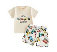 Yigubigu Baby Boy Matching Brother Summer Clothes Outfits Lil Bro/Big Bro Letter Tractor Print Short Sleeve T-shirt Tops Elastic Waist Shorts Sets 2Pcs (Khaki, 3-6 Months)