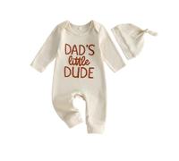 Yigubigu Baby Boy Romper Fall Long Sleeve Dad’s Little Dude Embroidered Jumpsuit Crew Neck Snap Closure Newborn Playsuit and Hat Infant Clothes 2Pcs Outfit (Apricot, Newborn)