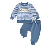 Yigubigu Baby Boys Two Pieces Fall Winter Outfit Striped Excavator Truck Embroidered Sweatshirt Jumper Jogger Pants Set Toddler Boy Tracksuit (Blue, 2-3 Years)