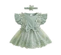 Yigubigu Baby Girl Lace Mesh Ruffle Romper Outfits Flower Embroidery Flying Sleeve Tulle Bodysuit Dress with Headband 2Pcs Princess Dress Set (army green, Newborn)