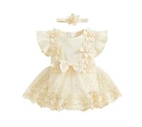 Yigubigu Baby Girl Lace Mesh Ruffle Romper Outfits Flower Embroidery Flying Sleeve Tulle Bodysuit Dress with Headband 2Pcs Princess Dress Set (Yellow, Newborn)
