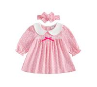 Yigubigu Baby Girl Polka Dot Peter Pan Collar Dress Bow Headband Set | Soft crinkle cotton, back button, long sleeve doll collar A-line dress, kids fall outfit, perfect for baby photos, daily wear