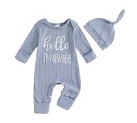 Yigubigu Hello I m New Here Newborn Baby Boy Ribbed Romper Letter Embroidery Long Sleeve Jumpsuit with Hat 2Pcs Coming Home Outfit Bodysuit Set (Blue, Newborn)