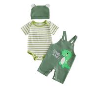 Yigubigu Infant Baby Boy Summer Clothes Outfit Animal Embroidery Short Sleeve Stripe Romper Overall Pants and Hat 3Pcs Set (Army Green, 6-12 Months)