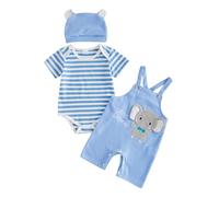 Yigubigu Infant Baby Boy Summer Clothes Outfit Animal Embroidery Short Sleeve Stripe Romper Overall Pants and Hat 3Pcs Set (Sky Blue, 6-12 Months)