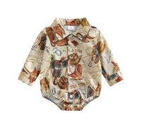 Yigubigu Infant Baby Boy Western Outfit Cowgirl Print Button Down Shirt Long Sleeve Lapel Neck Romper Turn Down Collar Country Cowboy One Piece Clothes Set