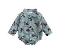 Yigubigu Infant Baby Boy Western Outfit Cowgirl Print Button Down Shirt Long Sleeve Lapel Neck Romper Turn Down Collar Country Cowboy One Piece Clothes Set