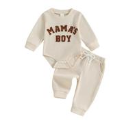 Yigubigu Infant Baby Boys Fall Winter Outfit Mama’s Boy Letter Embroidered Long Sleeve Romper Solid Pants Set Newborn 2Pcs Clothing Sets (Beige, 0-3 Months)