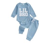 Yigubigu Infant Baby Boys Little Brother Outfits Baby Fall Spring Waffle Clothes Letter Embroidered Ribbed Romper Pants Set Newborn 2Pcs Clothing Suits (Blue, 3-6 Months)