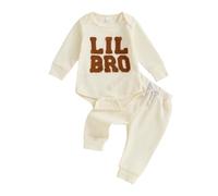Yigubigu Infant Baby Boys Little Brother Outfits Baby Fall Spring Waffle Clothes Letter Embroidered Ribbed Romper Pants Set Newborn 2Pcs Clothing Suits (Beige, 3-6 Months)