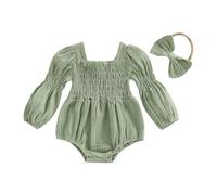 Yigubigu Infant Baby Girl Solid Color Romper Long Sleeve Square Neck Bodysuit Snap Closure Jumpsuit with Headband Set Newborn Clothes (green, 3-6M)