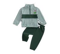 Yigubigu Kids Baby Boy Spring Outfit Striped Golf Embroidered Stand Collar Sweat Shirt Tops Solid Pants Joggers Trousers Set Toddler Tracksuit (Army Green, 18-24 Months)