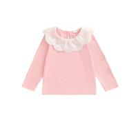Yigubigu Kids Girls Spring Fall T-Shirt Lace Patchwork Doll Collar Long Sleeve Ribbed Pullover Tops Casual Baby Clothes (Pink, 2-3 Years)