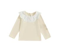 Yigubigu Kids Girls Spring Fall T-Shirt Lace Patchwork Doll Collar Long Sleeve Ribbed Pullover Tops Casual Baby Clothes (Ivory, 4-5 Years)