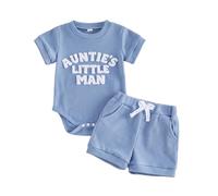 Yigubigu Newborn Baby Boy Summer Clothes Set Short Sleeve Auntie’s Little Man Letters Embroidery Romper Elastic Waist Shorts Outfits (Blue, 0-3 Months)