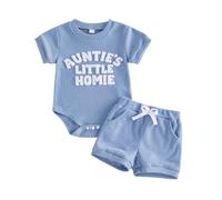 Yigubigu Newborn Baby Boy Summer Clothes Set Short Sleeve Auntie’s Little Man Letters Embroidery Romper Elastic Waist Shorts Outfits (Navy Blue, 12-18 Months)