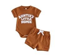Yigubigu Newborn Baby Boy Summer Clothes Set Short Sleeve Auntie’s Little Man Letters Embroidery Romper Elastic Waist Shorts Outfits