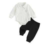 Yigubigu Newborn Baby Boys Fall Winter Outfit Clothes Long Sleeve Dinosaur Patchwork Romper Pants Trousers Jogger Set Infant Boy 2Pcs Tracksuit (White, 0-3 Months)