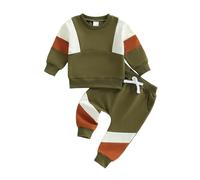 Yigubigu Toddler Baby Boy Clothes Outfits Patchwork Long Sleeve Crew Neck Pullover Sweatshirt Tops Elastic Waist Pants Set 2pcs (Army Green, 3-4T)