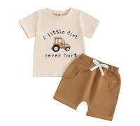 Yigubigu Toddler Baby Boy Outfits Short Sleeve Tops Funny Tractor Print T Shirt Drawstring Shorts Little Kids Tracksuit 2Pcs Summer Clothes Set (Brown, 2-3T)