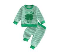 Yigubigu Toddler Baby Boy St.Patrick's Day Sweatsuit Long Sleeve Shamrock Letter Embroidery Pullover Tops Stripes Long Pants Spring Clothes Set (Green, 12-18 Months)