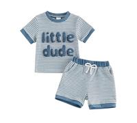 Yigubigu Toddler Baby Boy Summer Outfit Little Dude Letters Embroidered Striped Short Sleeve Crew Neck T-shirts Shorts 2 Piece Clothes Set