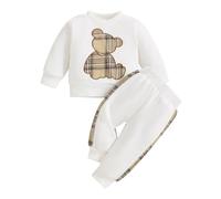 Yigubigu Toddler Baby Girl Boy Spring Fall Outfit Embroidery Deer Pullover Sweatshirt Jumper Top Elastic Waist Solid Trouser Jogger Pants 2Pcs Tracksuit Clothes Set (White, 12-18 Months)