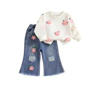 Yigubigu Toddler Baby Girl Clothes Outfits Flower Decor Long Sleeve Crew Neck Sweatshirt Tops Elastic Waist Ripped Denim Flare Pants Set 2pcs (Pink, 3-4T)