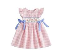 Yigubigu Toddler Baby Girl Easter Dress Rabbit Embroidery Flying Sleeve Crew Neck Plaid Print Bow Decor A Line Dress Summer Clothes Outfits Set (Pink, 2-3 Years)