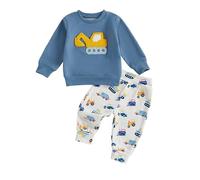 Yigubigu Toddler Boys Casual Clothes Set Excavator Embroidery Long Sleeve Sweatshirt Jumper Tops Elastic Waist Long Pants 2 Pieces Tracksuit (Blue, 18-24 Months)