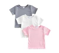 Yigubigu Toddler Girl Boy 3 Pack Tops Solid Color Ribbed Ice Silk Short Sleeve Crew Neck T-Shirts 3 Piece Kid Clothing Set (White, 4-5T)