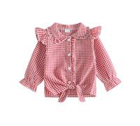 Yigubigu Toddler Girl Gingham Ruffle Long Sleeve Blouse Bow Knot Top | button front doll collar shirt, plaid print flying sleeve tee, sweet casual daily outfits for 0-5 years girls spring & autumn