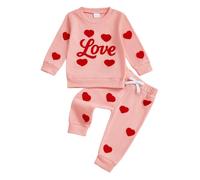 Yigubigu Toddler Girls Valentines Day Clothes Set Love Heart Print Long Sleeve Sweatshirt Jumper Tops Jogger Pants 2 Pieces Spring Outfit (Pink, 6-12 Months)