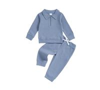 Yigubigu Toddler Kid Boys Clothes Fall 2 Pieces Waffle Outfits Solid Color Long Sleeve Lapel Half Zip Sweatshirt Jumper Long Pants Sets (Blue, 3-4T)